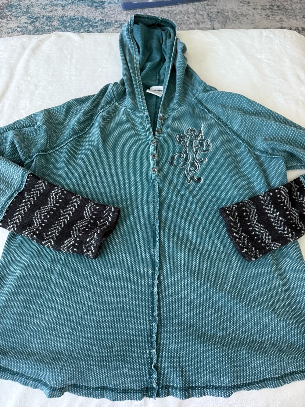 Harley-Davidson Teal waffle-knit henley hoodie XXL D85